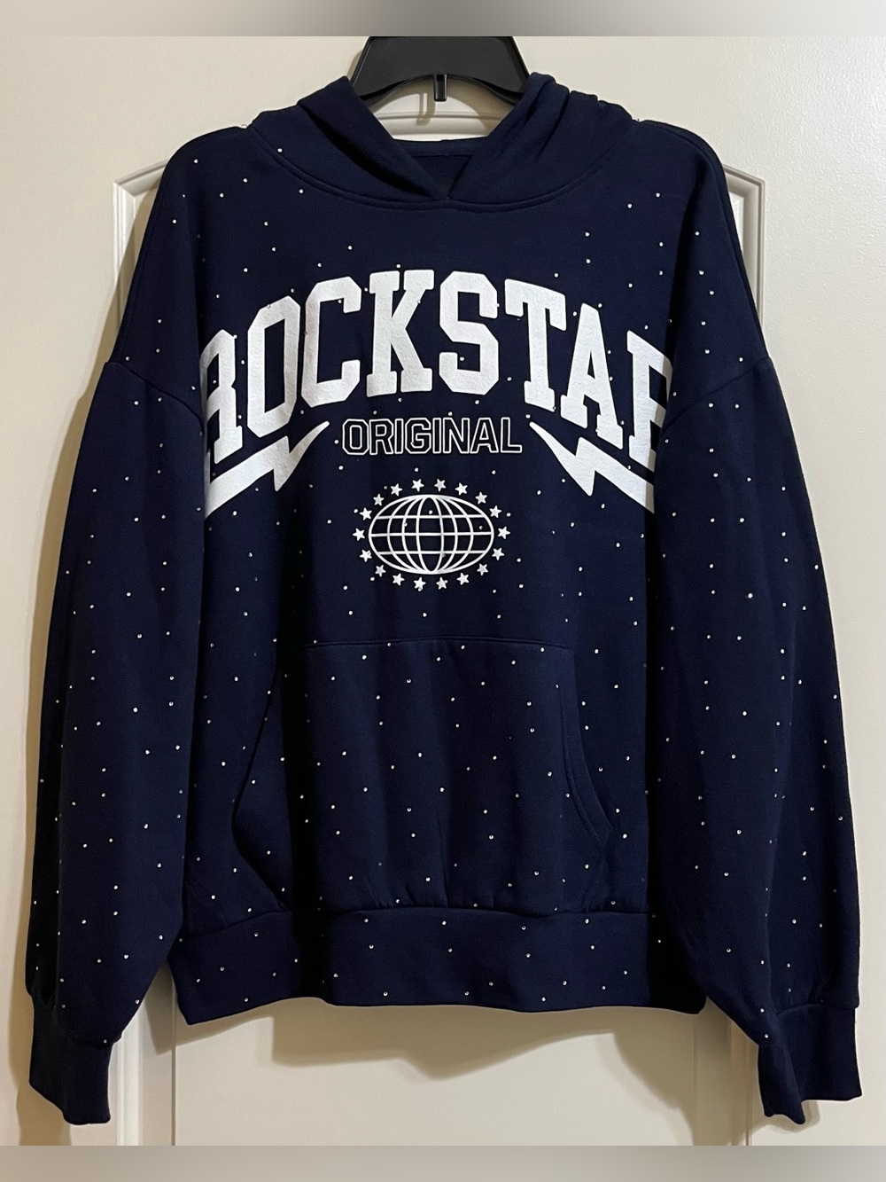 Rockstar Original Women’s Navy Blue BLING RHINESTONE Hoodie Sweatshirt M